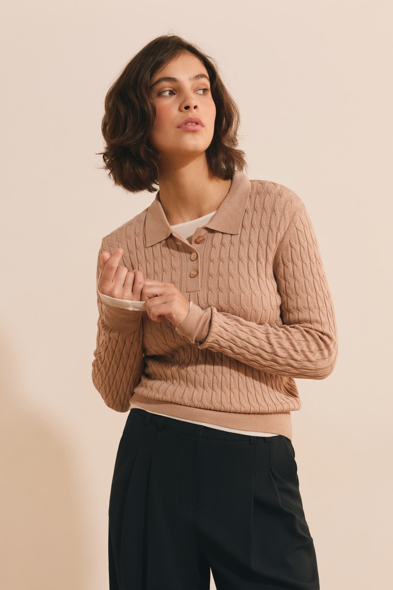 Pull manches longues col polo - Laure Polo - XL - Camel Clair - Femme - Etam