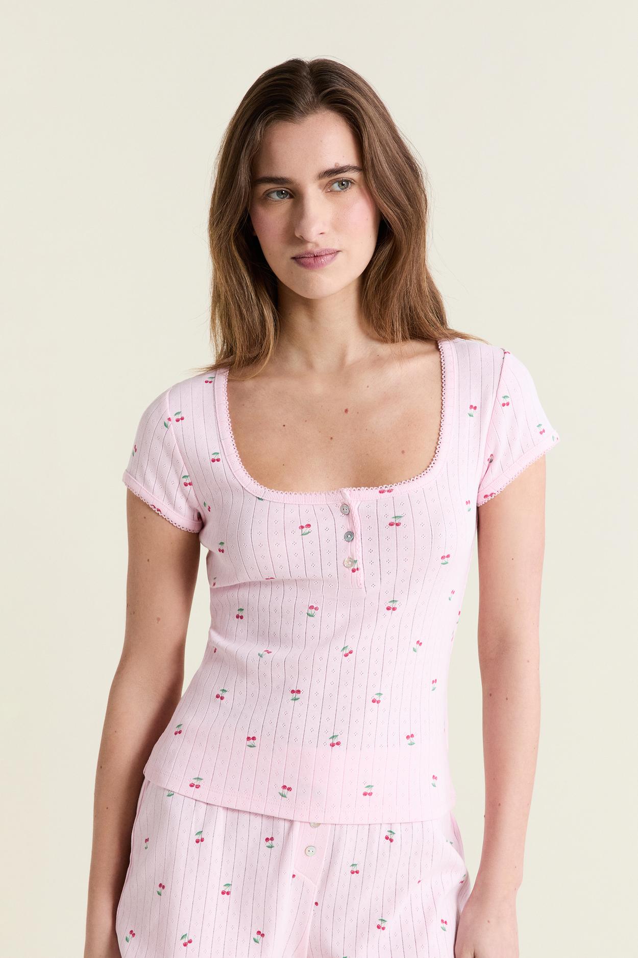 Koszulka piżamowa w wzory z bawełny pointelle