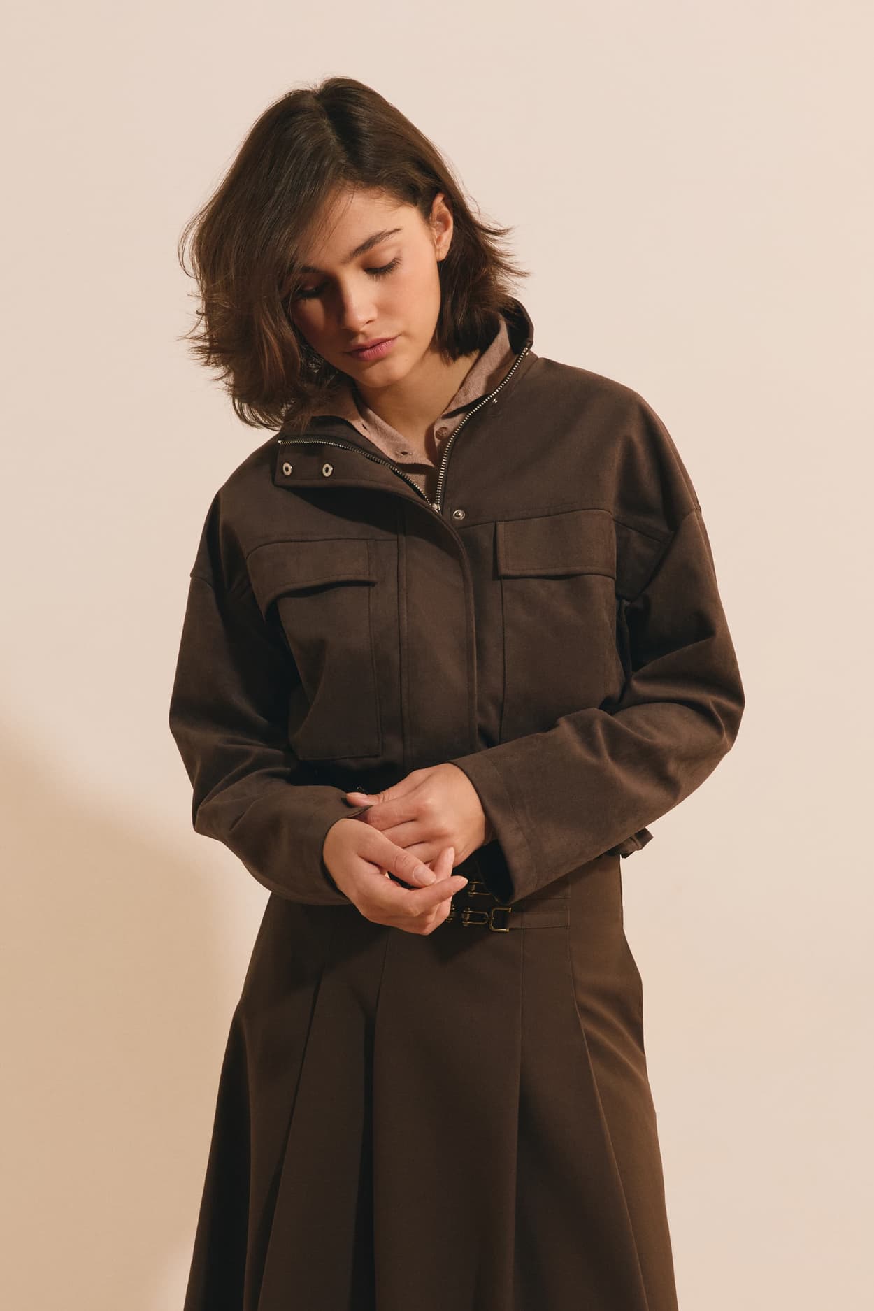 Veste saharienne courte effet suédine - Victor - 44 - Chocolat - Femme - Etam