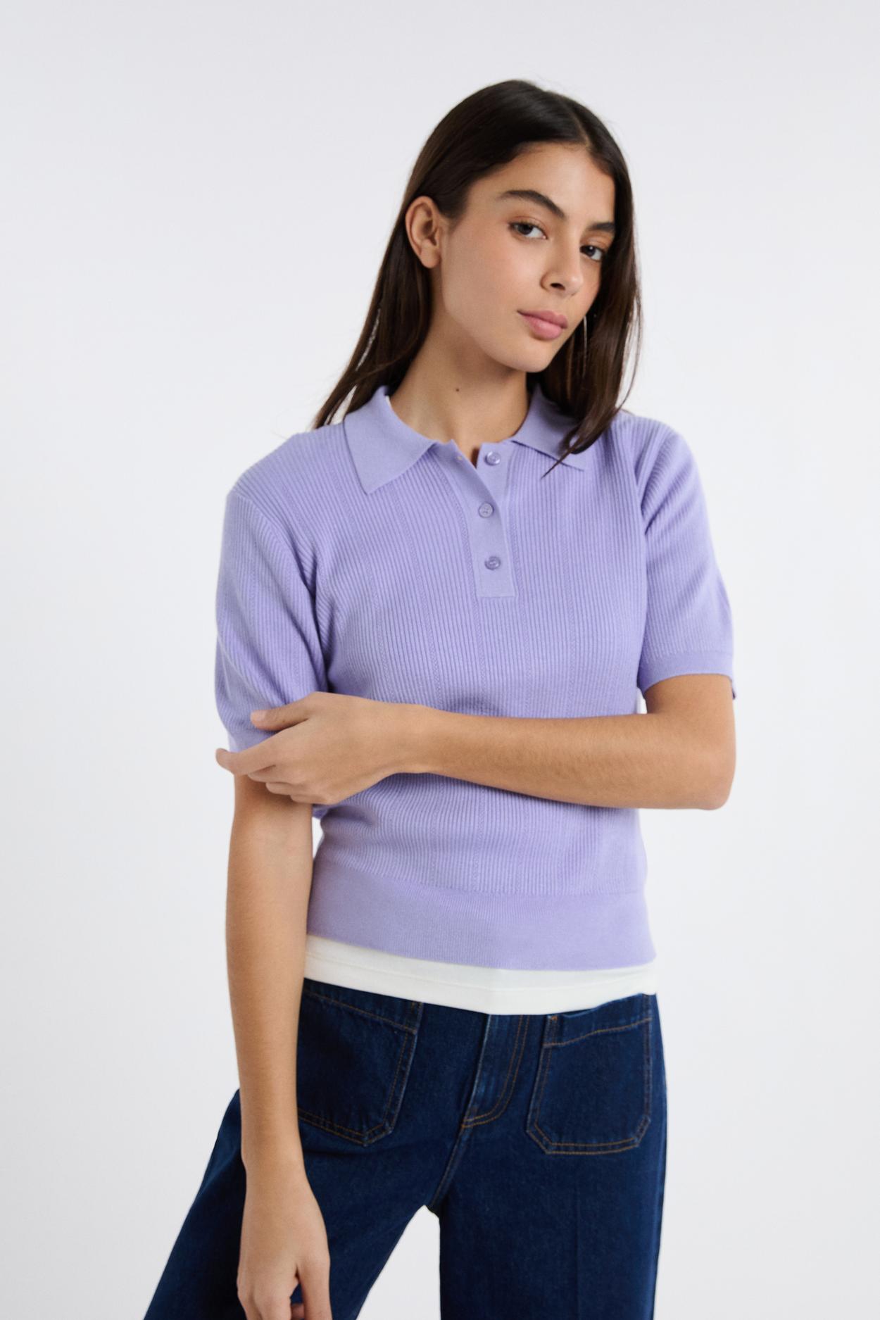 Polo manches courtes en maille fine pointelle - Paul Polo - L - Mauve - Femme - Etam