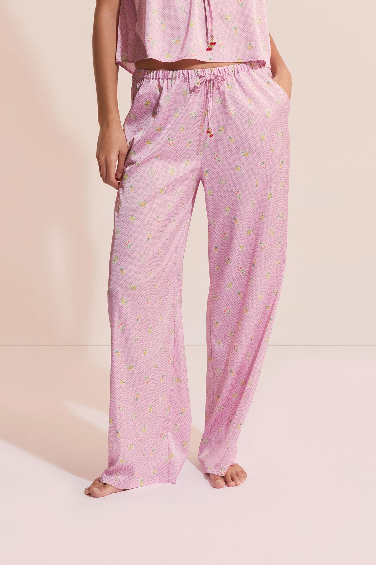 Spodnie piżamowe satynowe w kwiatowe wzory z zawieszkami