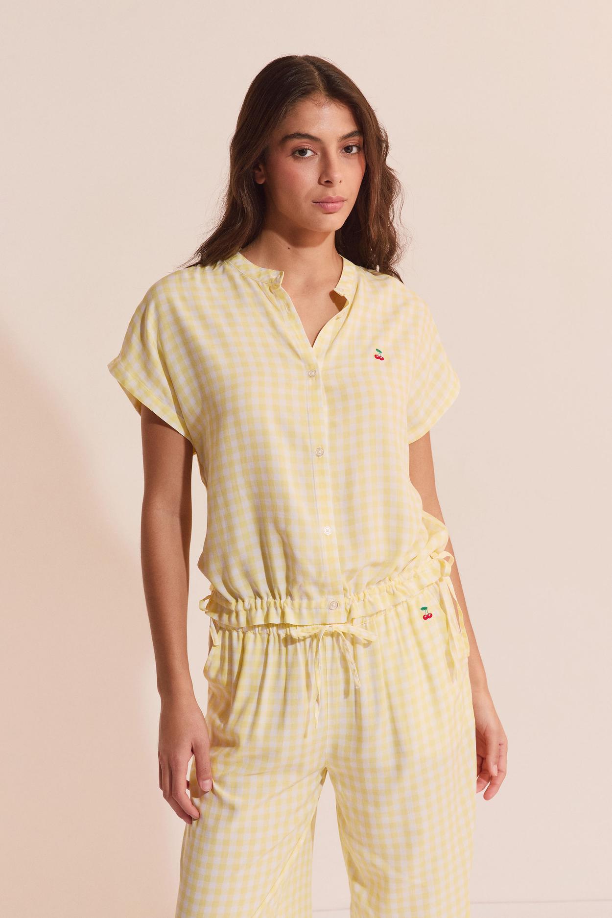 Koszula z krótkimi rękawami w kratę vichy z motywem wiśni