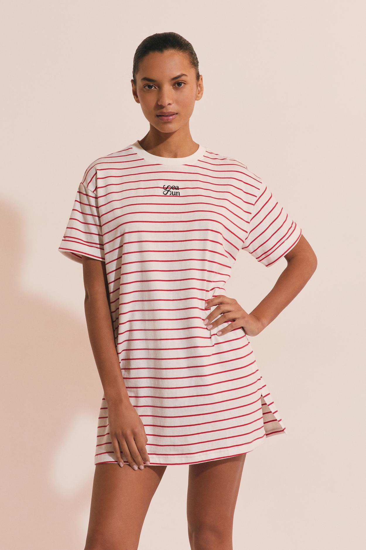 Bawełniana sukienka w paski z napisem „sea sun”