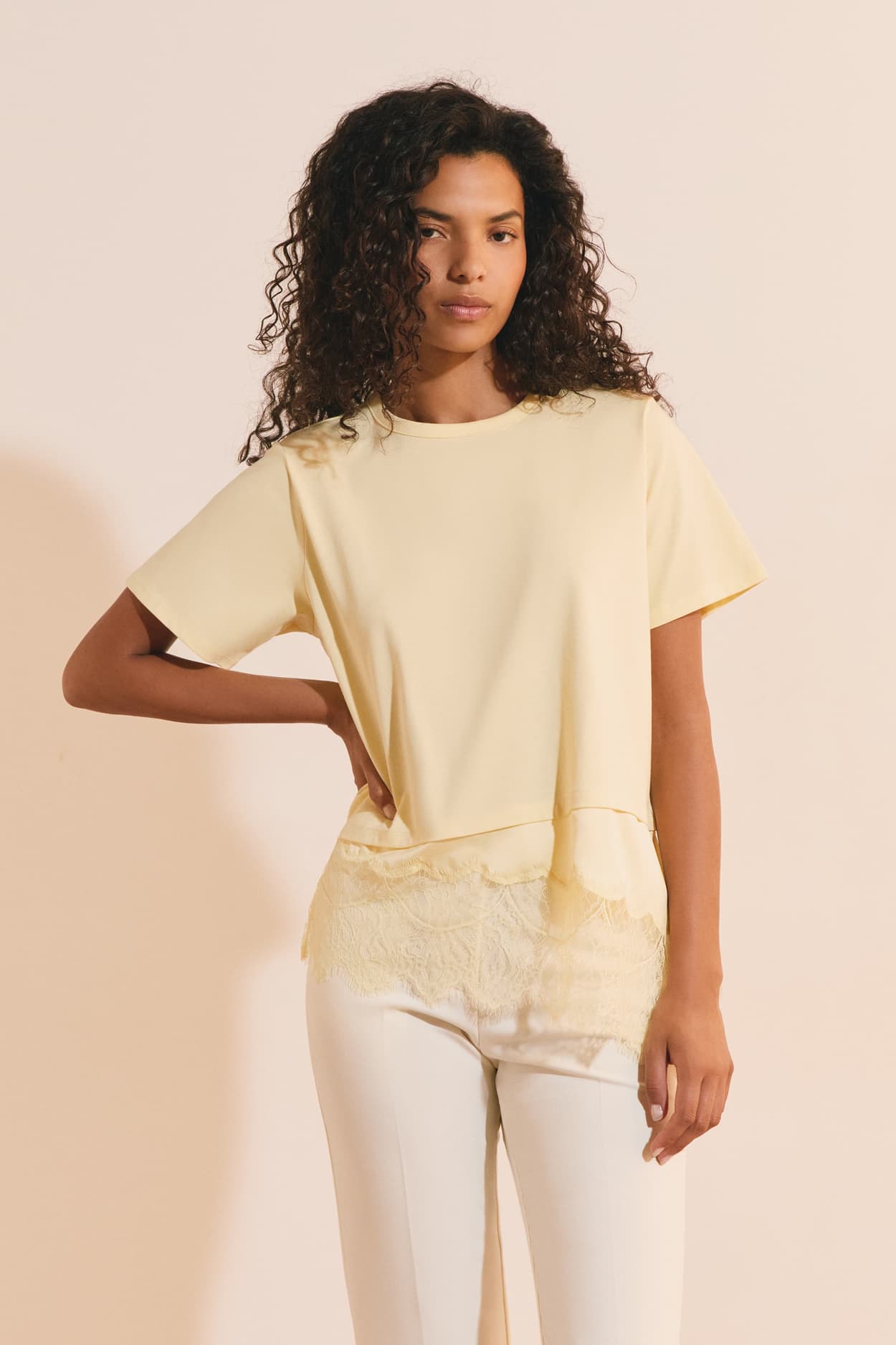 T-shirt asymétrique avec dentelle en coton - Ali Ts - L - Citron - Femme - Etam
