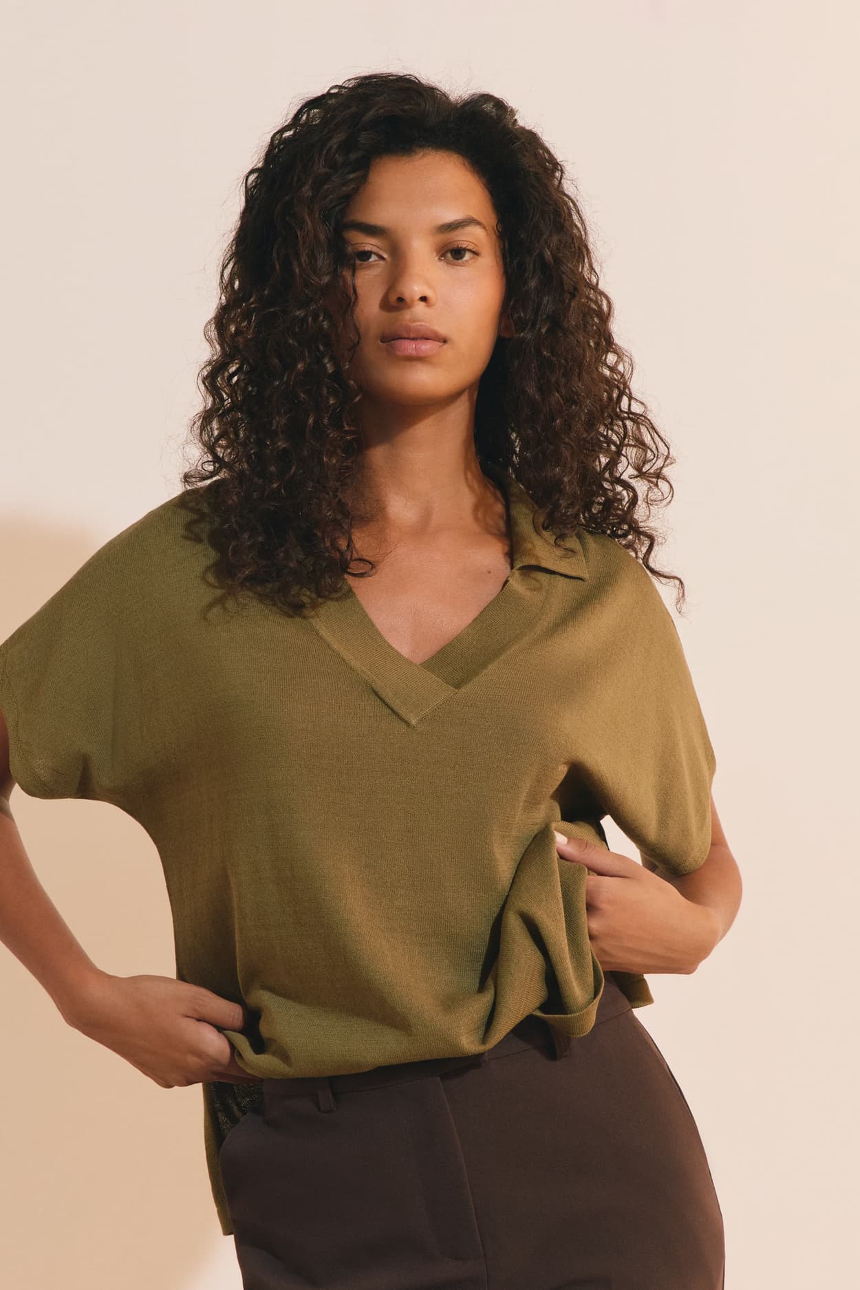 Pull manches courtes col polo - Sonia Polo - M - Kaki - Femme - Etam