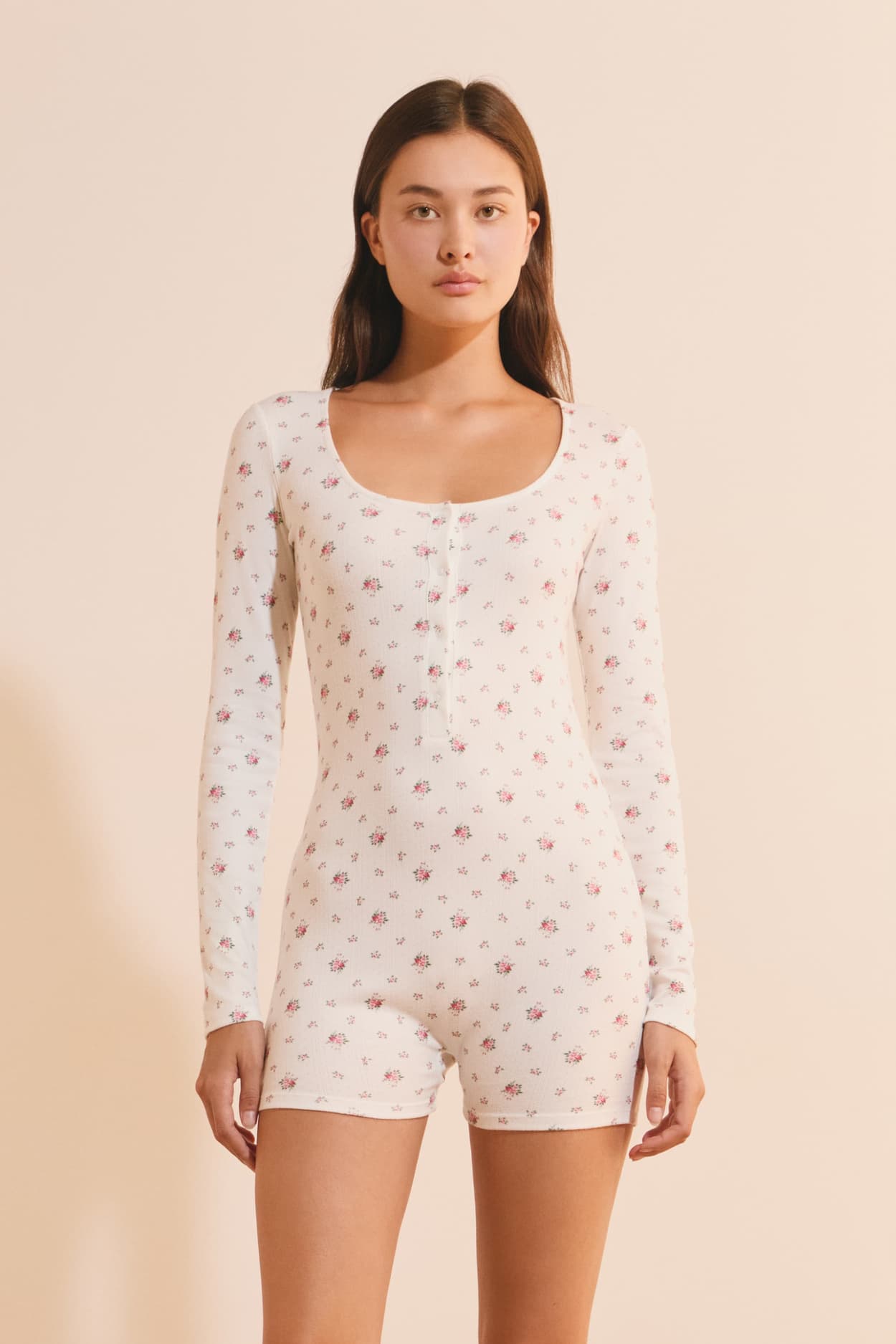 Combishort à manches longues avec motif fleuri - Bayaline - XL - Ecru - Femme - Etam