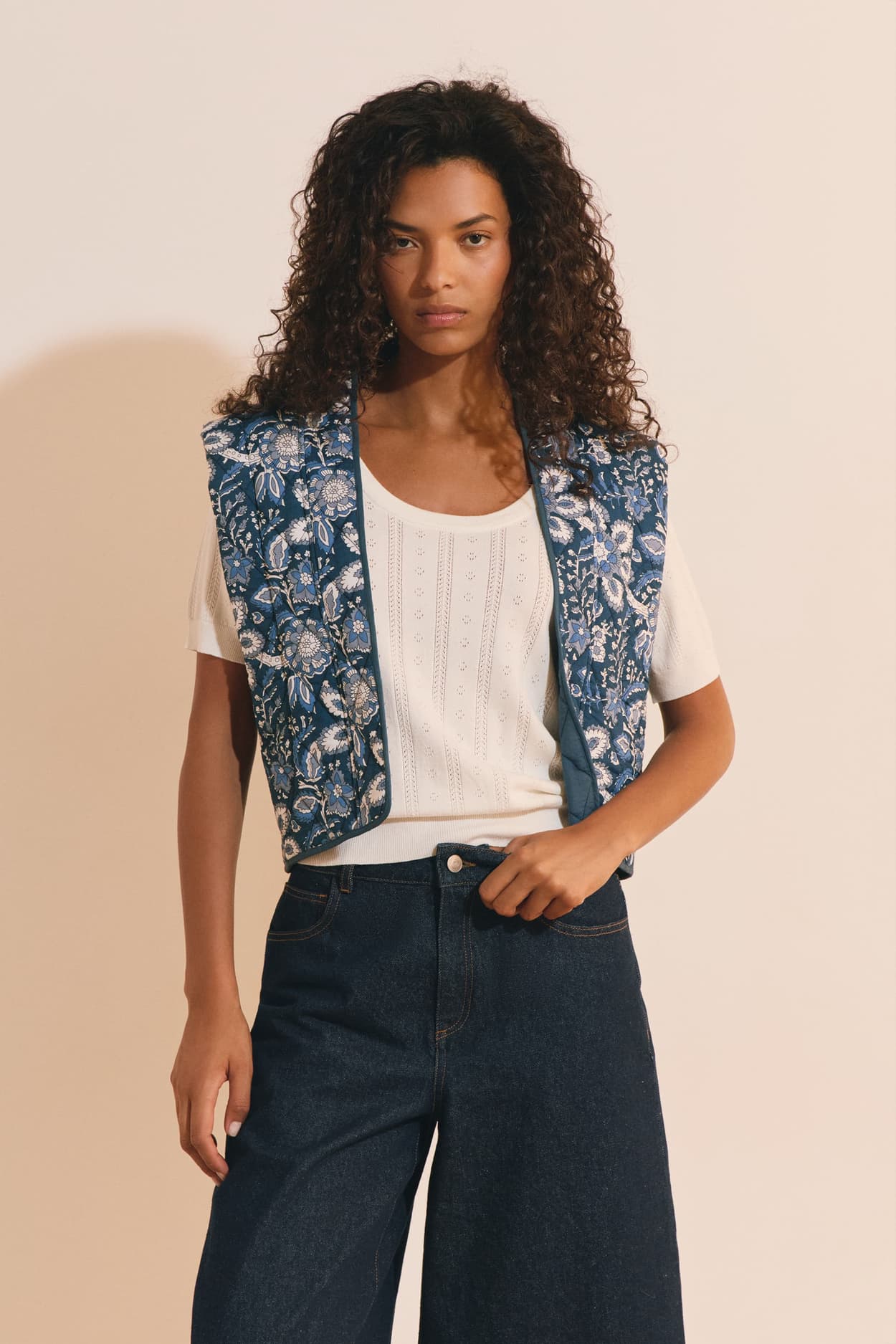 Gilet sans manches en coton à motif floral - A Vlady Imp - L - Blanc - Femme - Etam