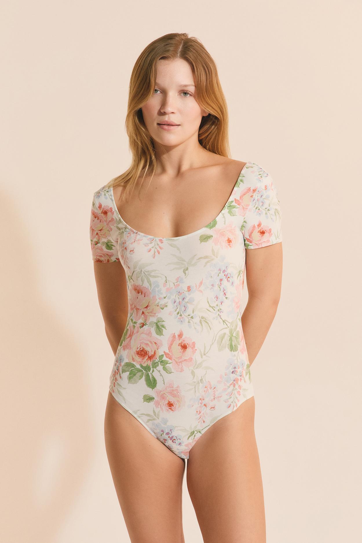 Body piżamowe z krótkim rękawem w kwiatowy wzór