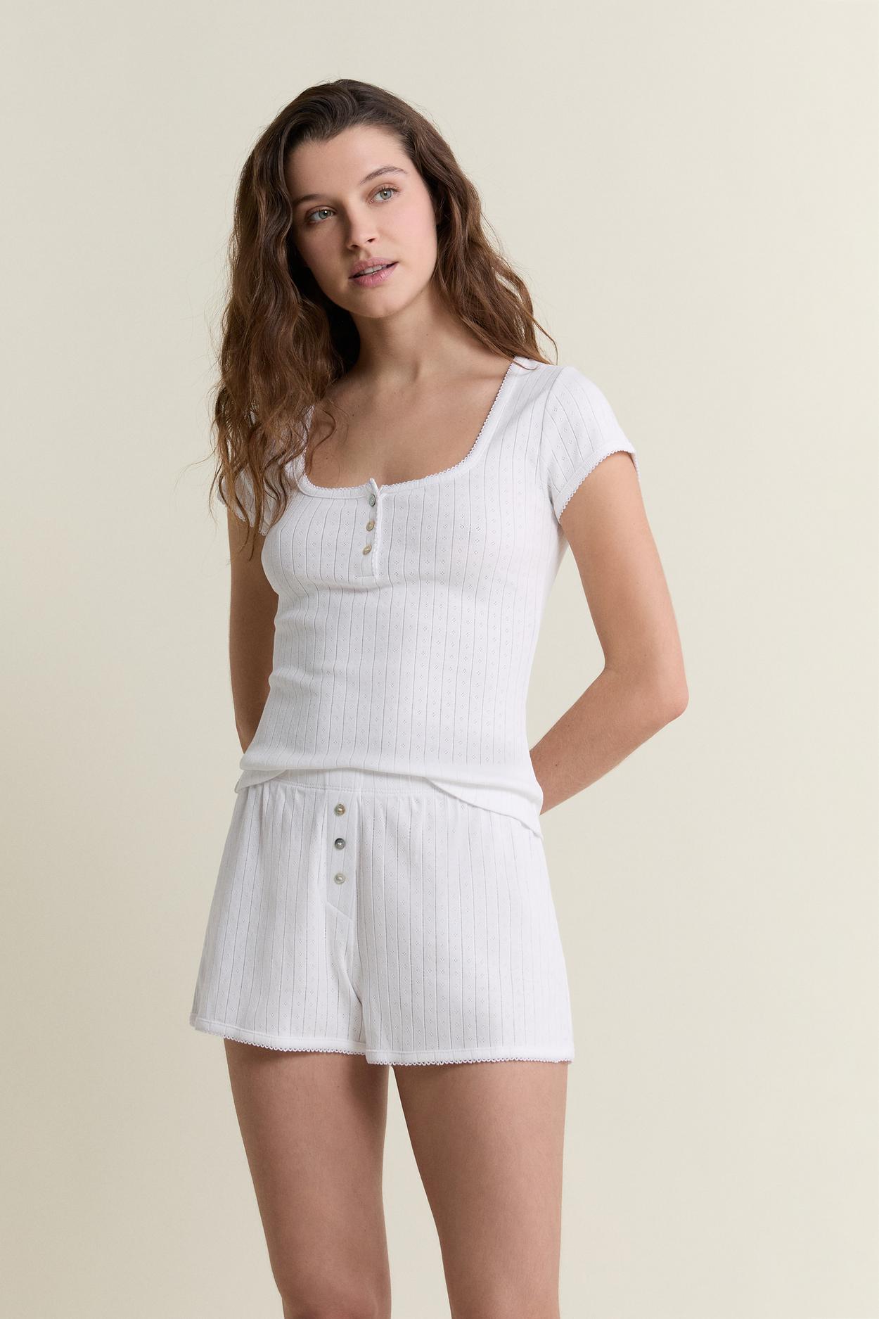 Koszulka piżamowa z krótkim rękawem z dzianiny typu pointelle