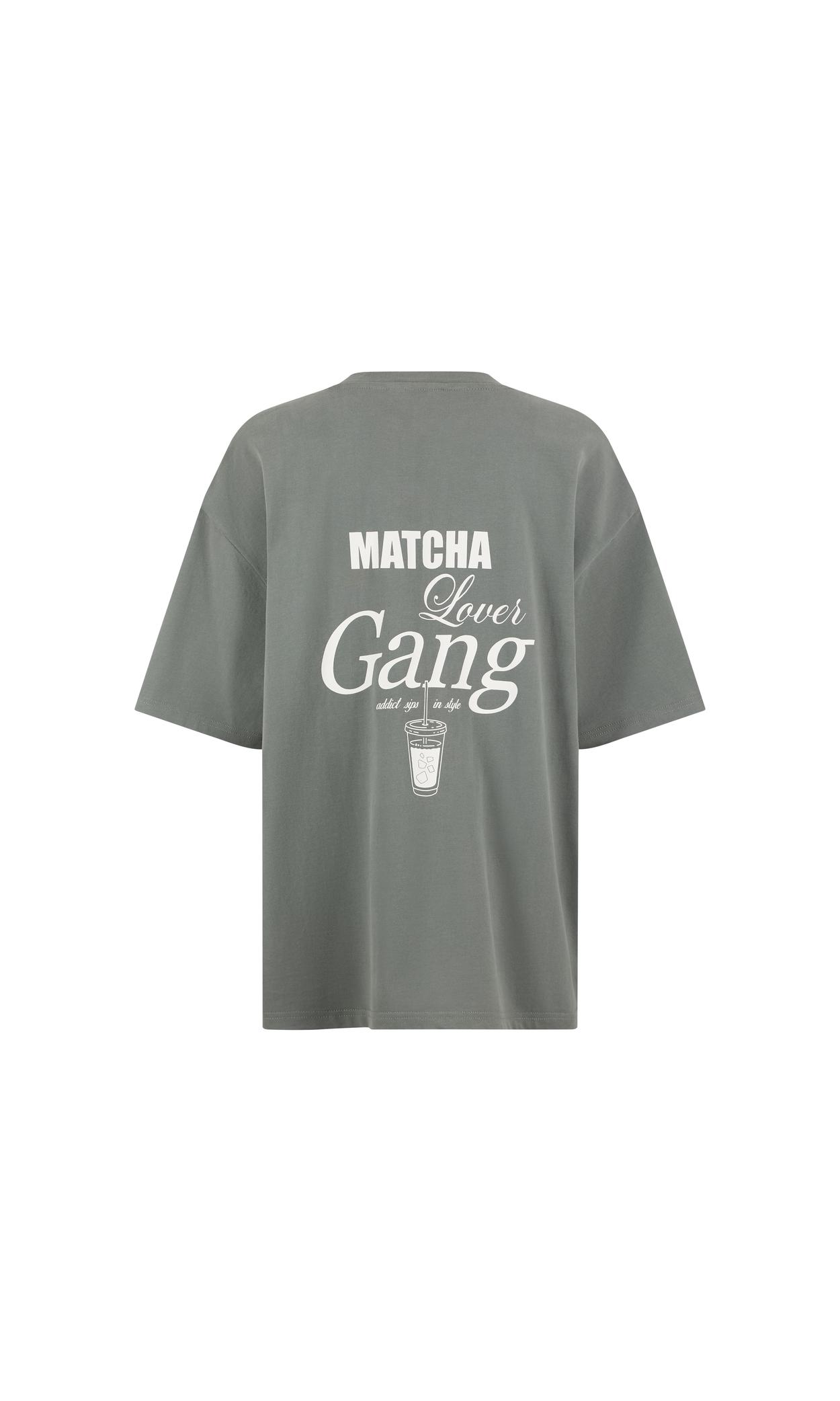 T-shirt oversize z napisem „matcha lover gang” 