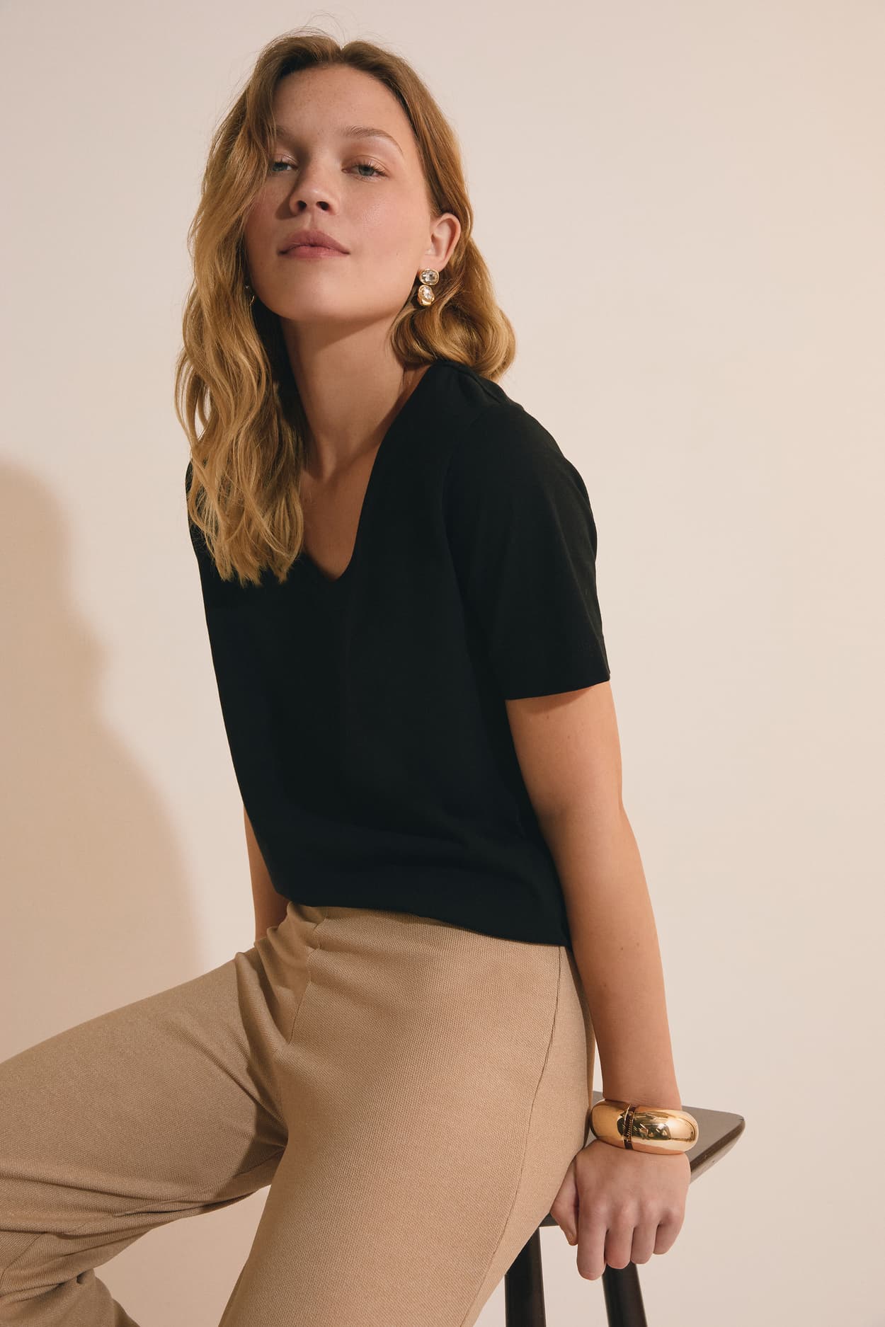 T-shirt col V en coton - Tenue Gaby V - 2XL - Noir - Femme - Etam