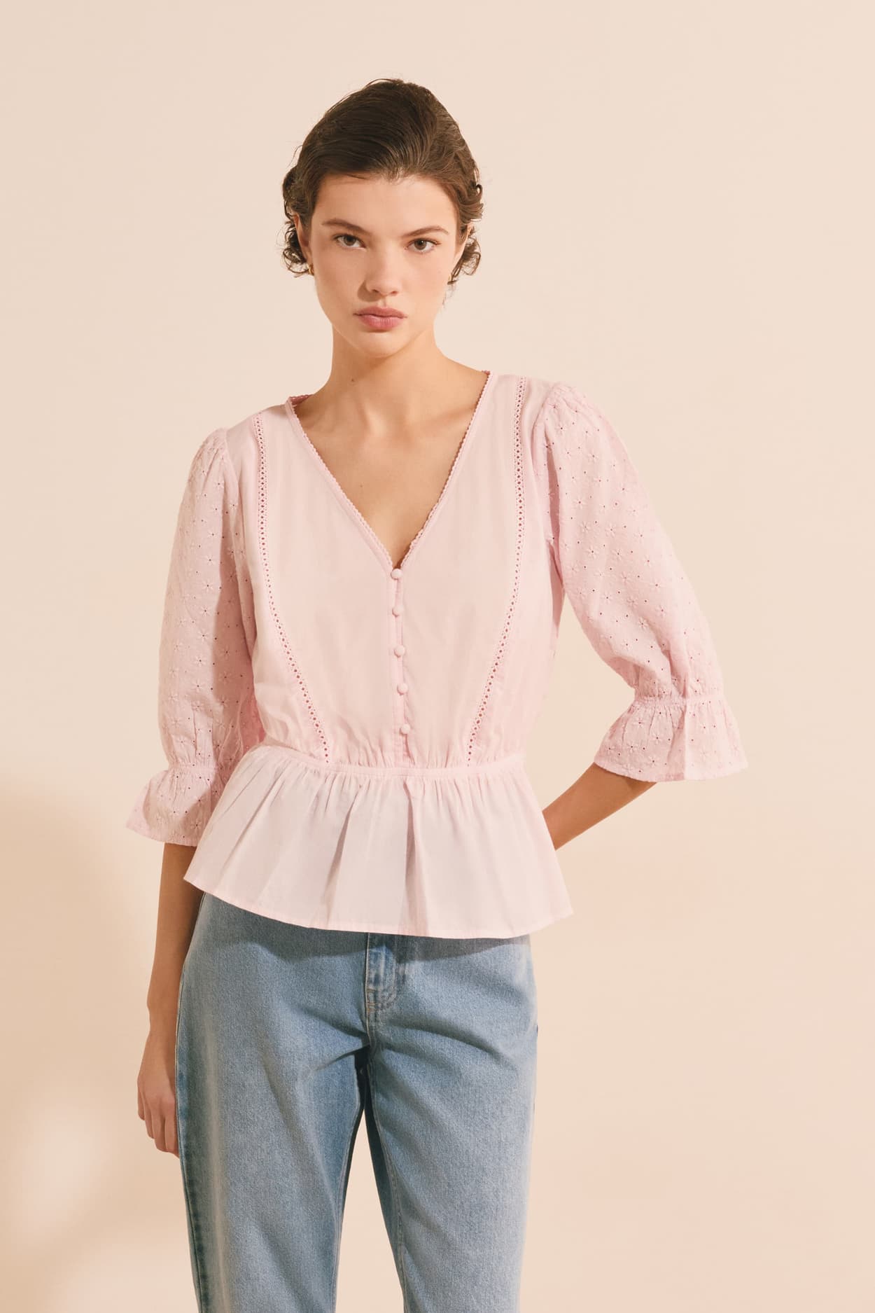 Blouse avec broderie en coton - A Casha Brod - XL - Rose - Femme - Etam