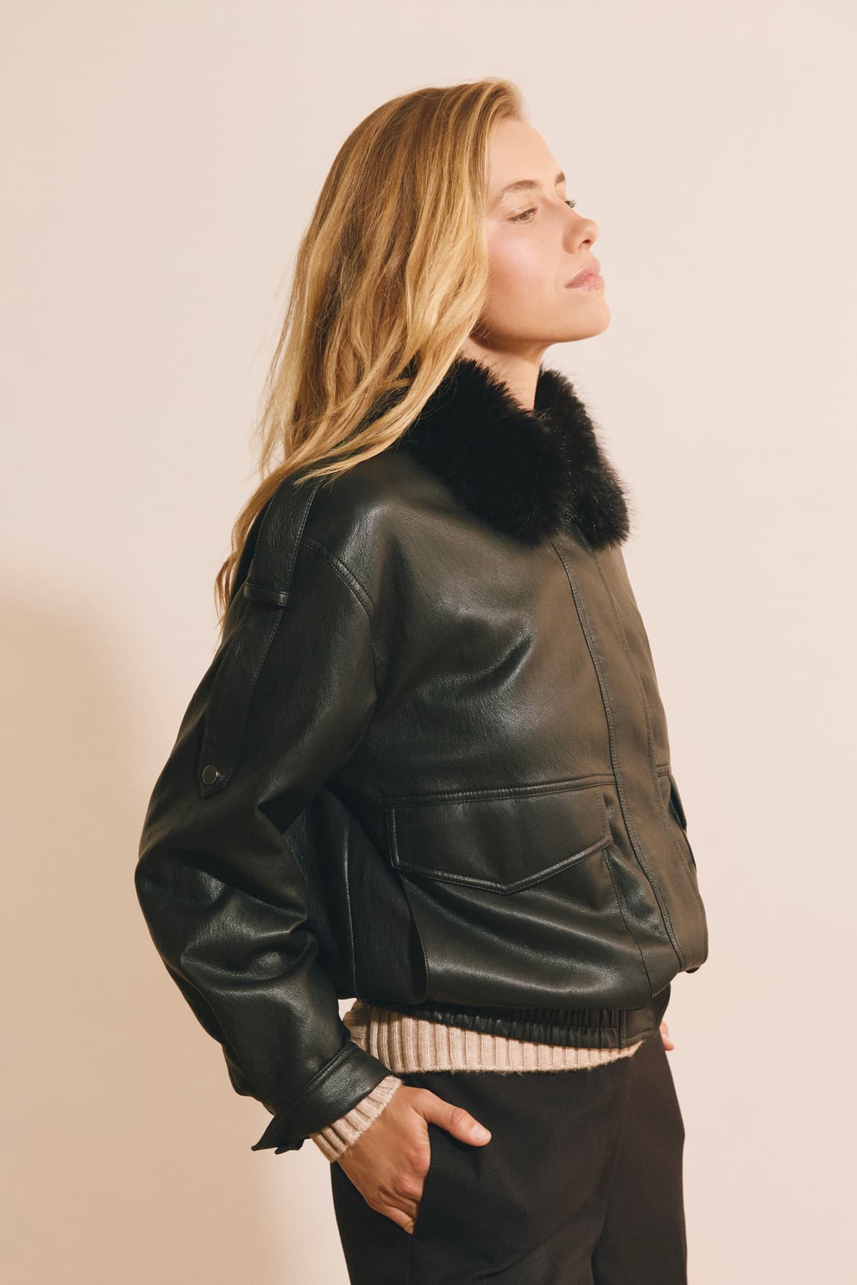Veste courte avec col fausse fourrure - Megan Pu - XL - Noir - Femme - Etam