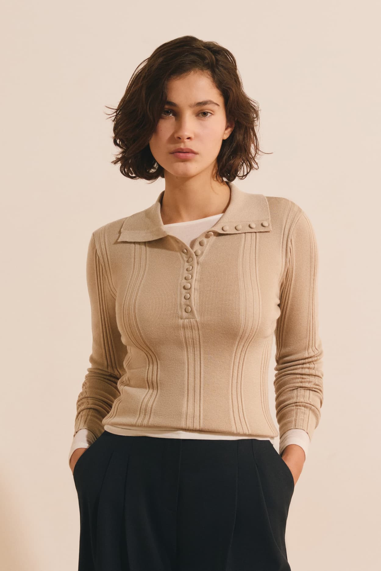 Pull manches longues à col polo - Stuart - XL - Camel Clair - Femme - Etam