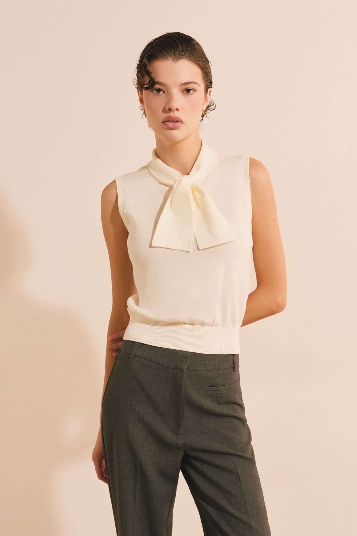Pull sans manches avec lien à nouer en coton - Soraya - XL - Creme - Femme - Etam