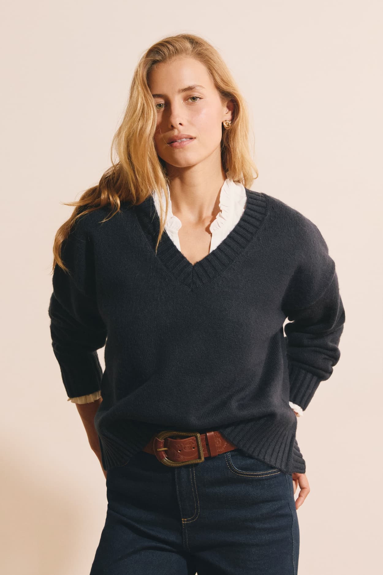 Pull manches longues à col V - Seb Pull - XL - Marine - Femme - Etam