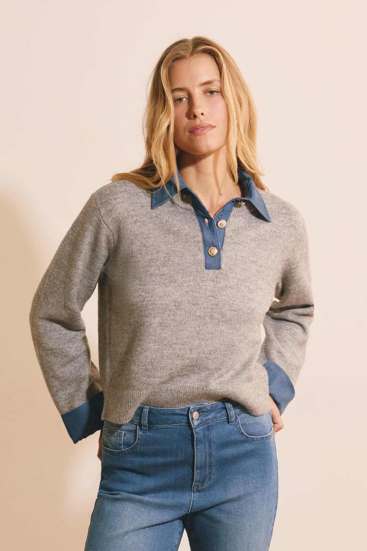 Pull col polo contrasté - Sunny - XL - Grey - Femme - Etam