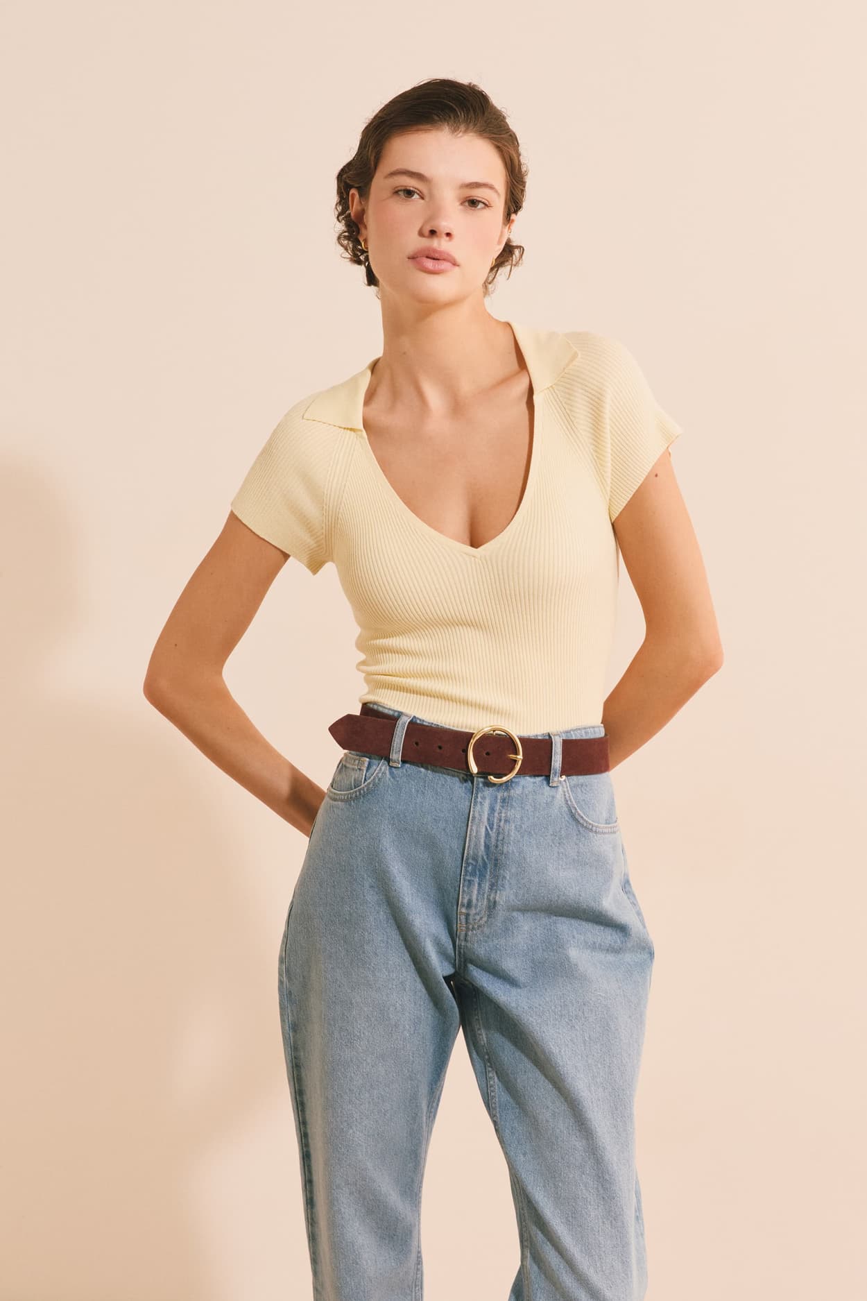 Pull manches courtes à col V - Samia - XL - Citron - Femme - Etam