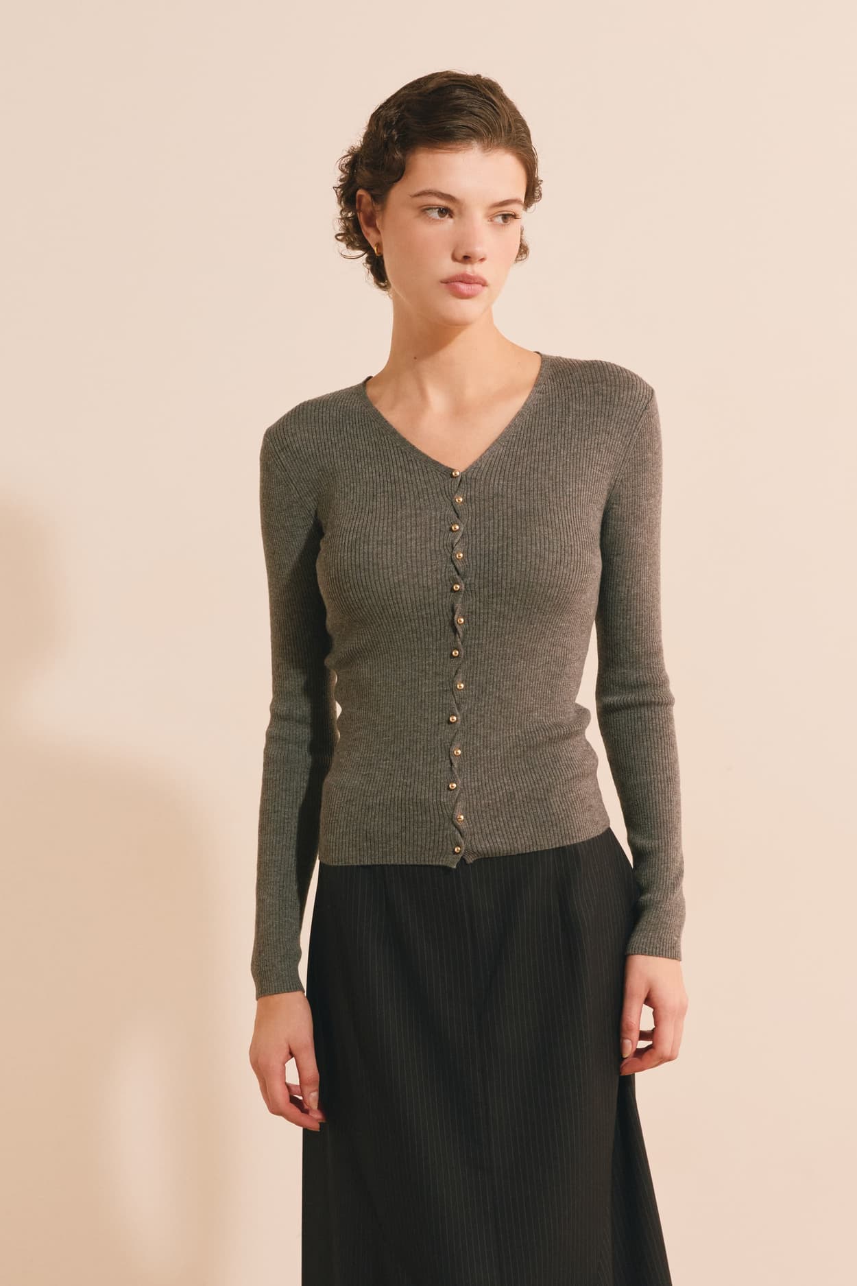 Cardigan côtelé à col V avec laine - Sybill Cardi - XL - Grey - Femme - Etam