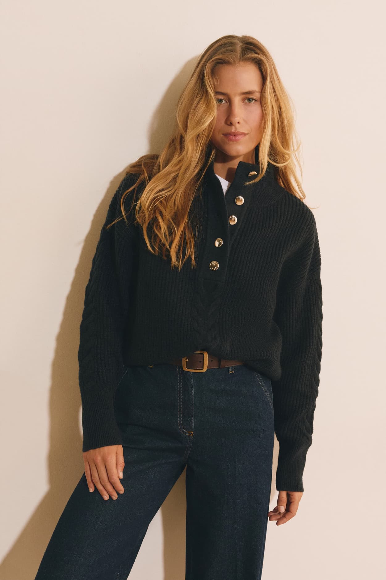 Pull manches longues avec détail bouton doré - Susie Big - XL - Marine - Femme - Etam