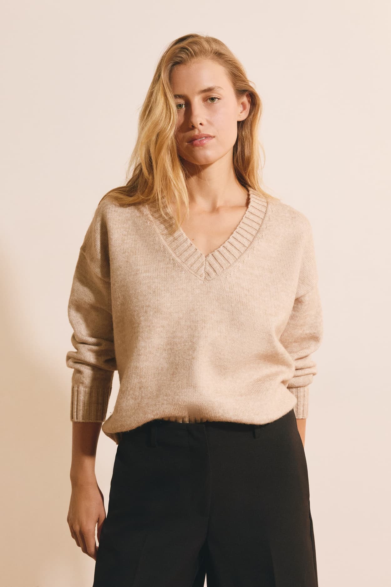 Pull manches longues à col V - Seb Pull - XL - Beige - Femme - Etam