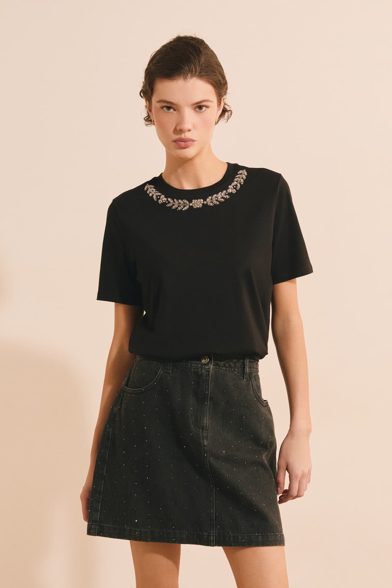 T-shirt manches courtes avec strass en coton - Adriano - XL - Noir - Femme - Etam