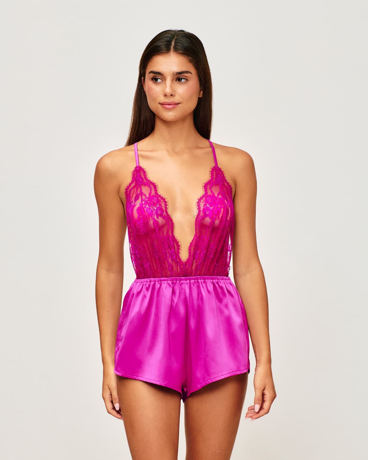 Kanten en satijnen playsuit - S - Undiz