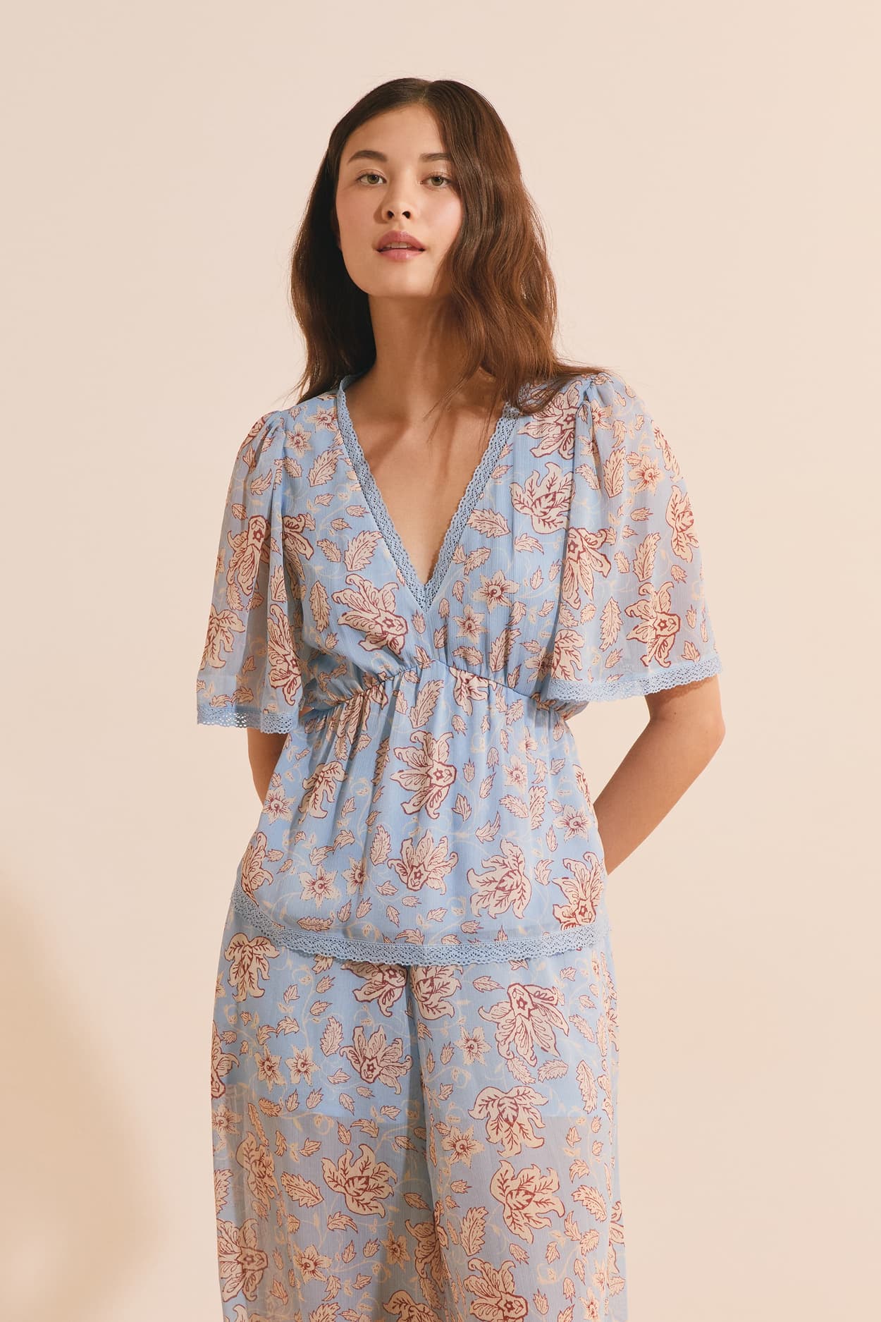 Blouse col v à motifs - Roman Imp - M - Bleu - Femme - Etam