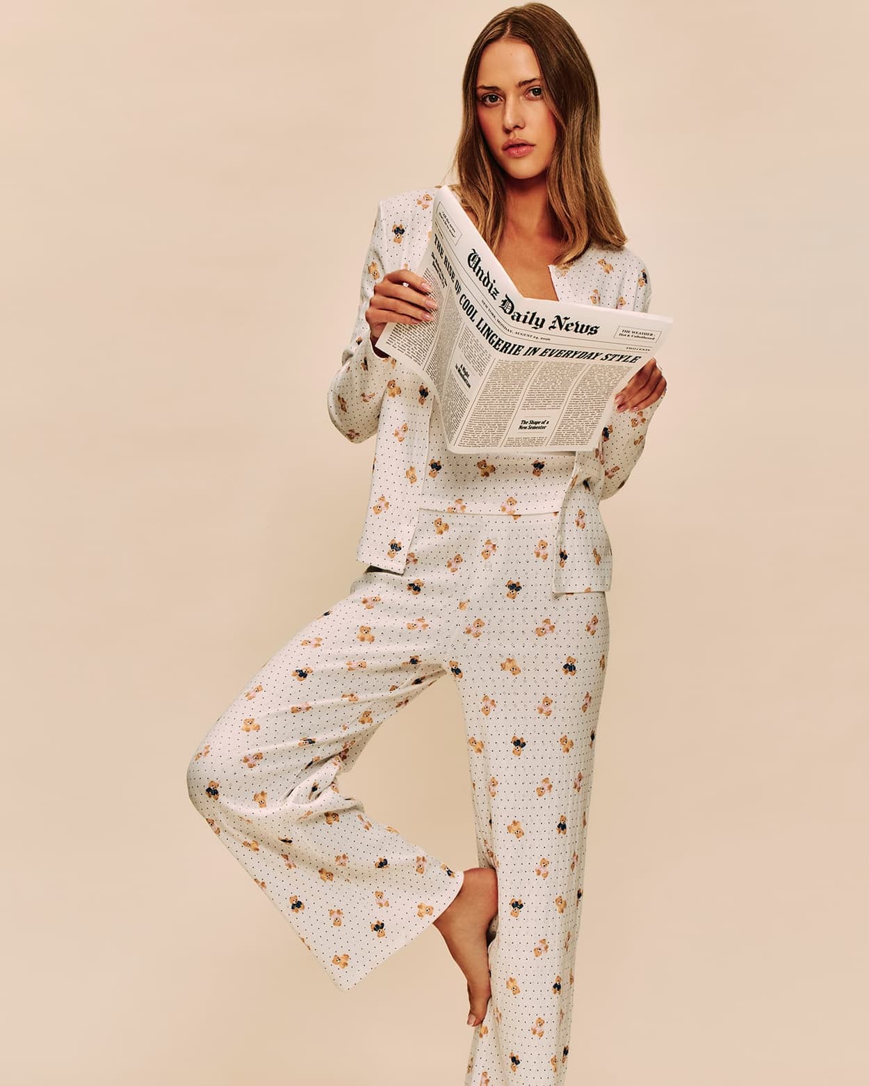 Pantalon van pointelle met teddybeerprint - M - Undiz