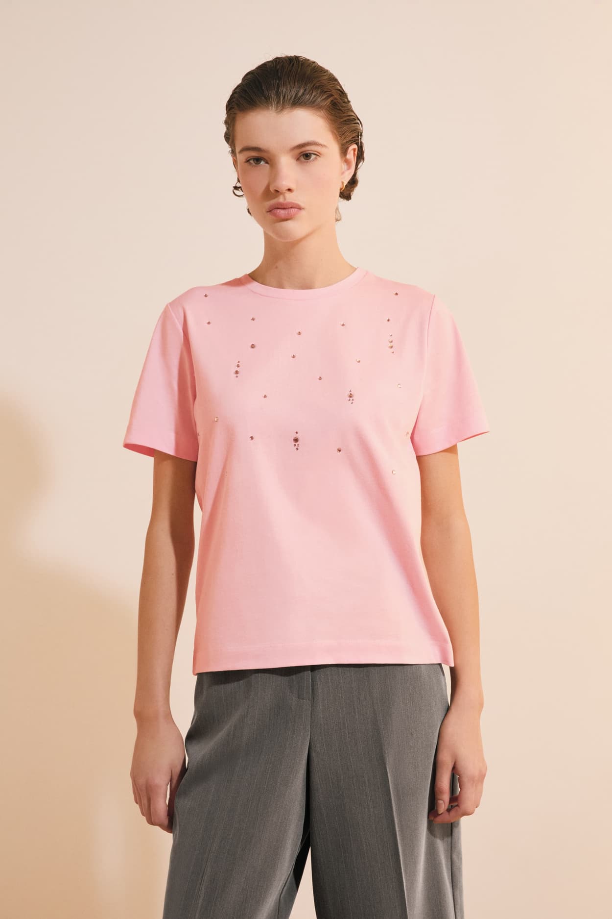 T-shirt à manches courtes en coton avec strass - Aldwin - XL - Rose - Femme - Etam