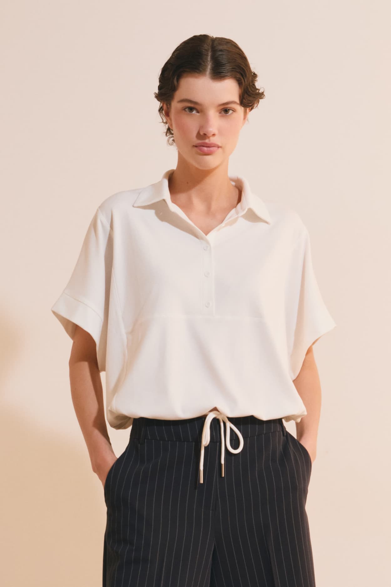 Top manches courtes à col polo et lien à nouer - Abelia - XL - Ecru - Femme - Etam