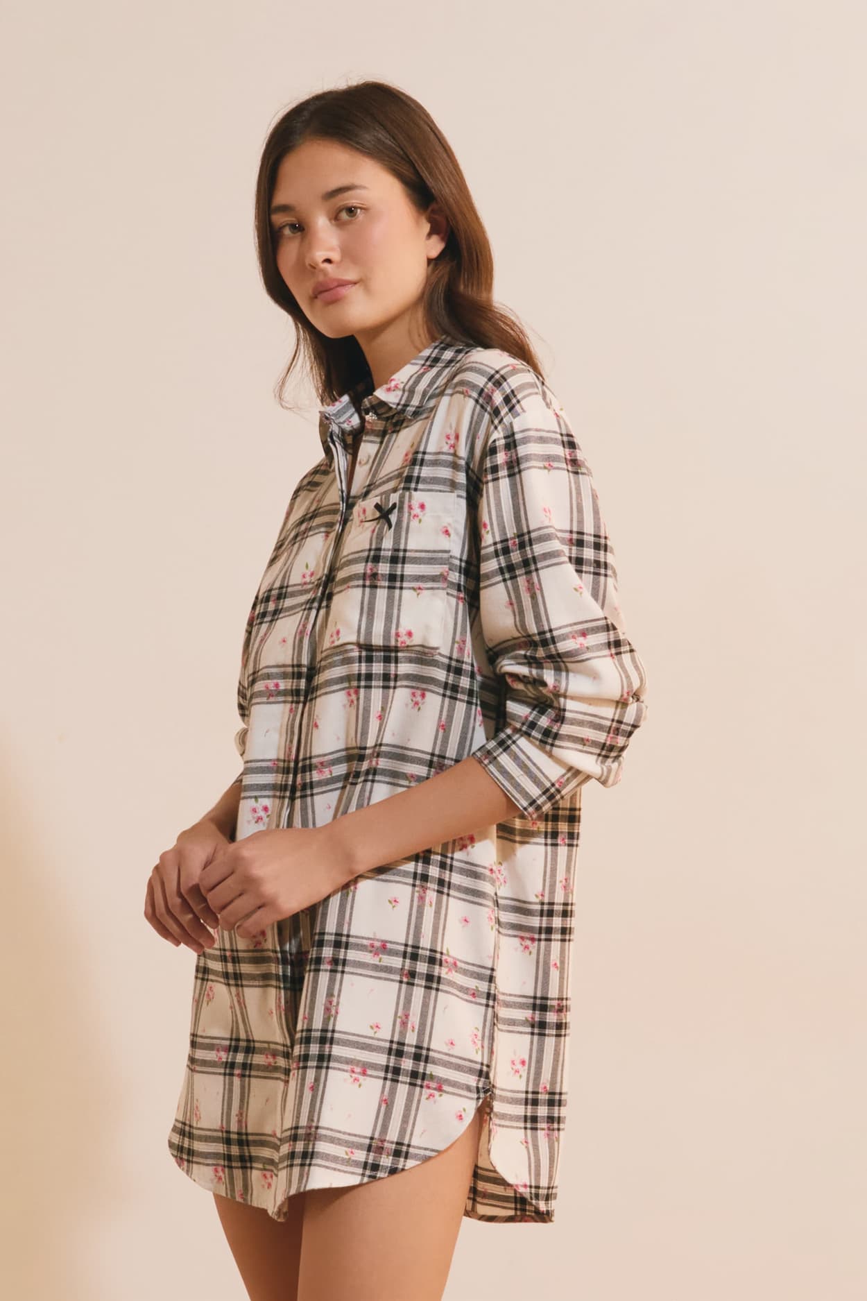 Chemise de nuit à carreaux avec coton - Beatrice - XL - Ecru - Femme - Etam
