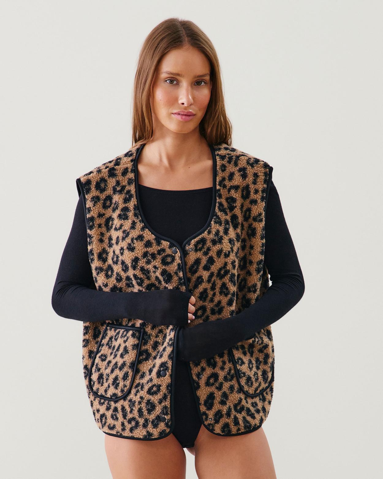 Veste sans manches sherpa léopard - camel clair - L - Undiz
